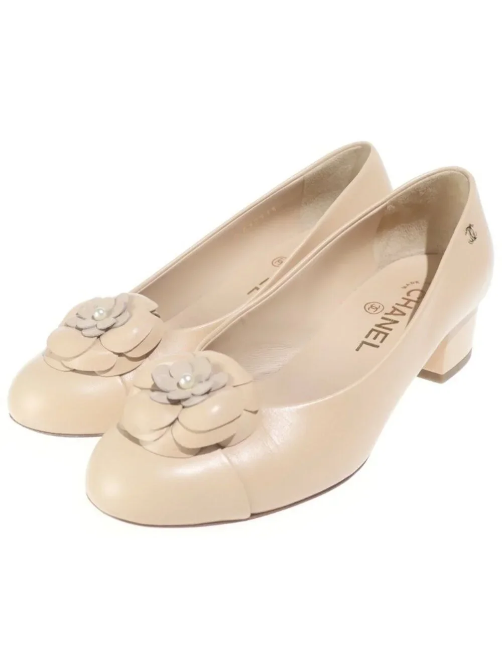 Chanel CC Logo Camellia Leather Pumps Beige Heel